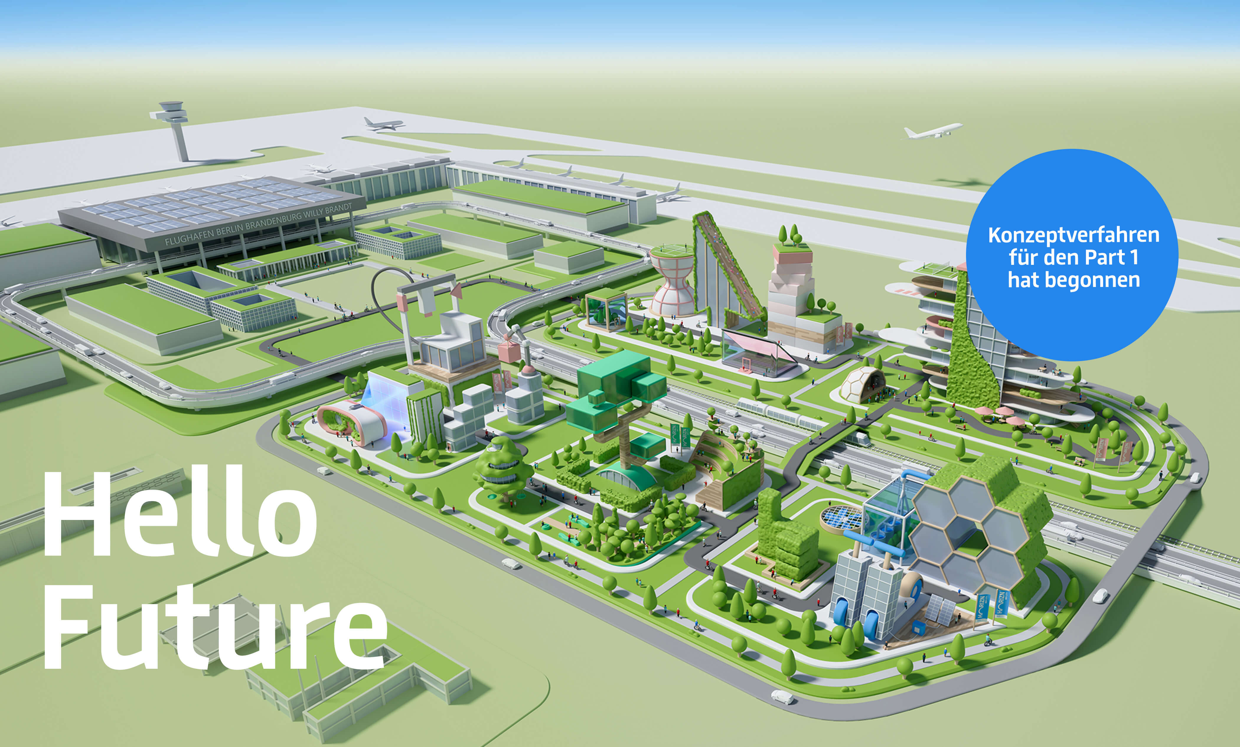 Illustration des Quartiers HORIZN BER CITY direkt vor dem Terminal 1 des Flughafen BER mit innovativen Gebäudeideen in grüner Umgebung und in freundlicher Farbgebung  © FOREAL® GbR / Flughafen Berlin Brandenburg GmbH 