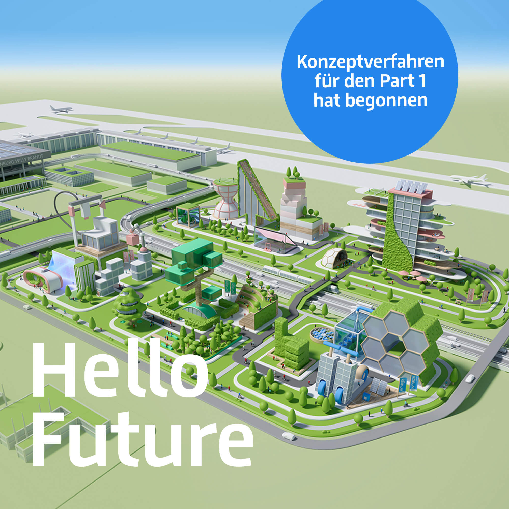 Illustration des Quartiers HORIZN BER CITY direkt vor dem Terminal 1 des Flughafen BER mit innovativen Gebäudeideen in grüner Umgebung und in freundlicher Farbgebung  © FOREAL® GbR / Flughafen Berlin Brandenburg GmbH 