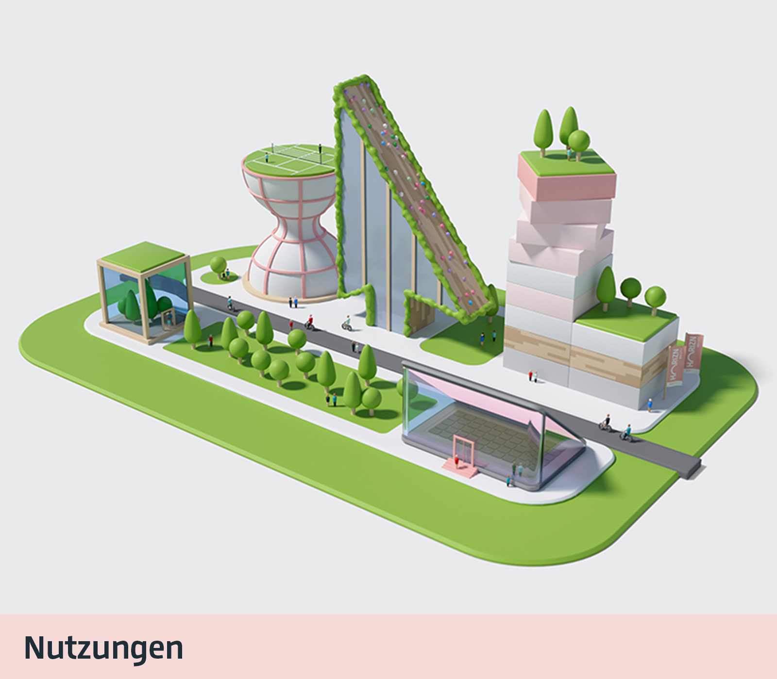 Die Illustration von Gebäuden in Form eines Laptops, einer Sanduhr, eines Cursors und eines Turms, dessen Etagen dich leicht auffächern, stellen das Leitbild „Arbeitsräume von Morgen“ dar. © FOREAL® GbR / Flughafen Berlin Brandenburg GmbH