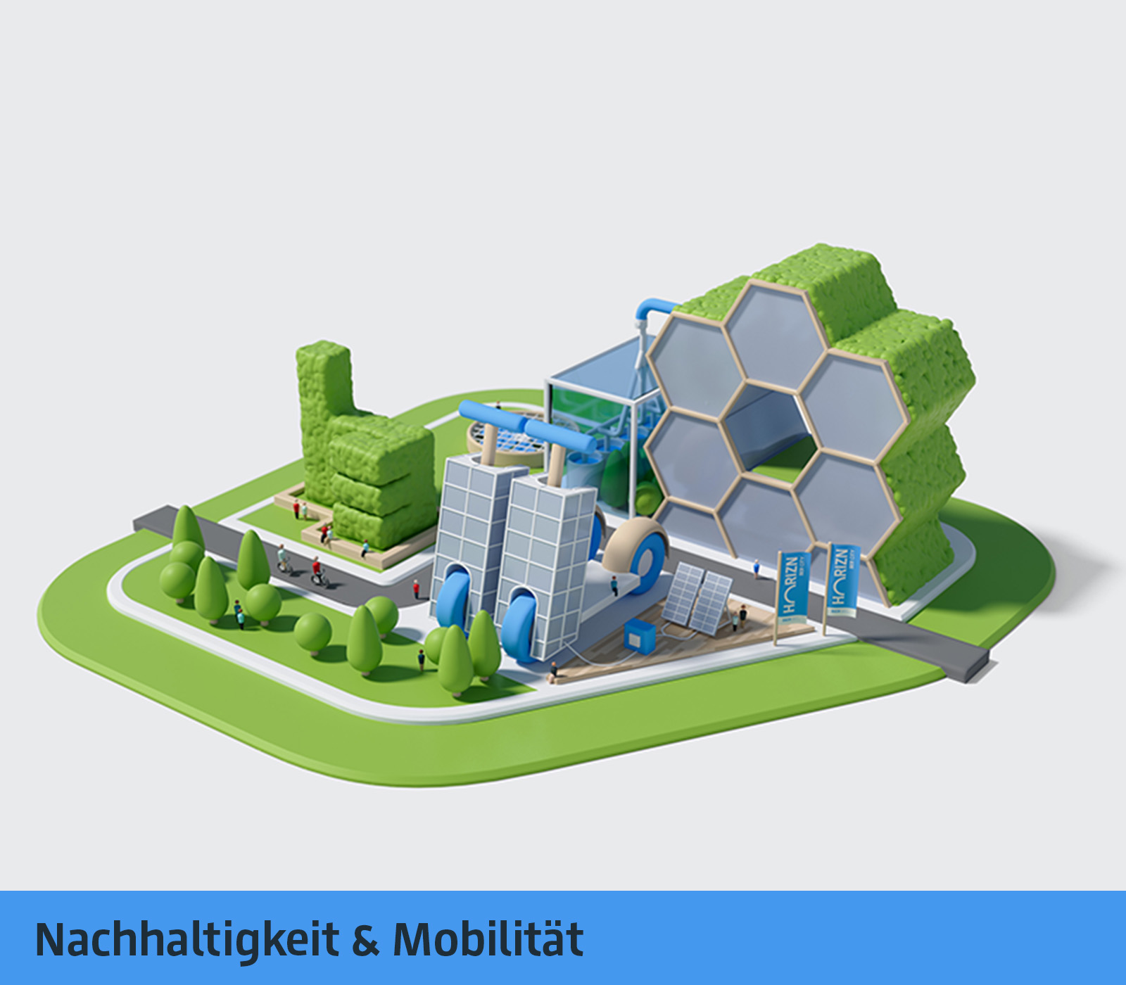 Die Illustration eines Gebäudes in Form einer Bienenwabe, von zwei überdimensionierten E-Rollern, die von Solarpanelen geladen werden und die einer grün gewachsenen Hand mit Daumen hoch, stellen das Leitbild „Klimafreundliches Quartier“ dar. © FOREAL® GbR / Flughafen Berlin Brandenburg GmbH