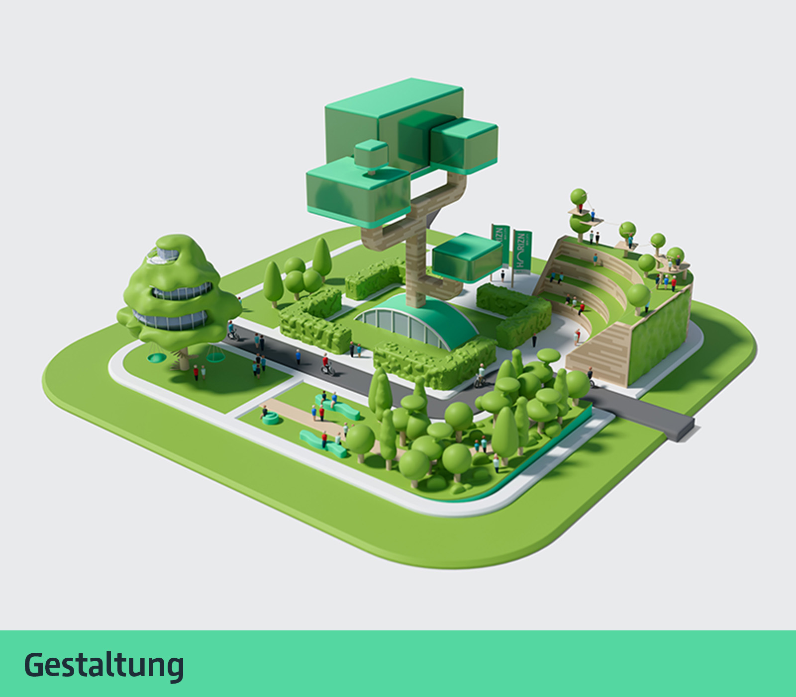 Die Illustration verschiedener Grünflächen, unterschiedlicher Baumarten und in der Mitte ein großes Gebäude in Form eines abstrakten Bonsais, stellen das Leitbild „Gesunder Stadtlandschaftsraum“ dar. © FOREAL® GbR / Flughafen Berlin Brandenburg GmbH