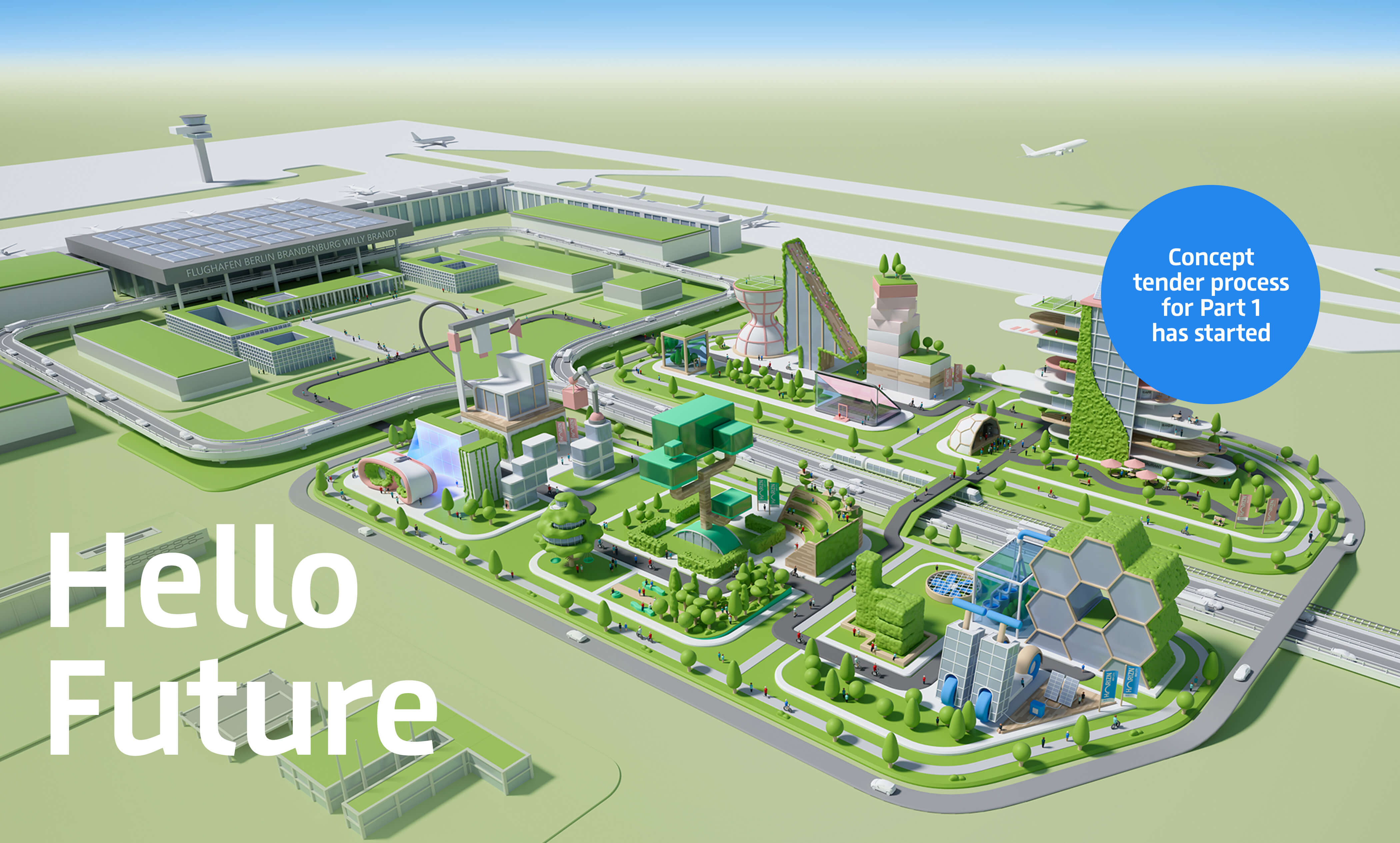 Illustration of the HORIZN BER CITY quarter directly in front of Terminal 1 of BER Airport with innovative building ideas in green surroundings and a friendly colour scheme. © FOREAL® GbR / Flughafen Berlin Brandenburg GmbH 
