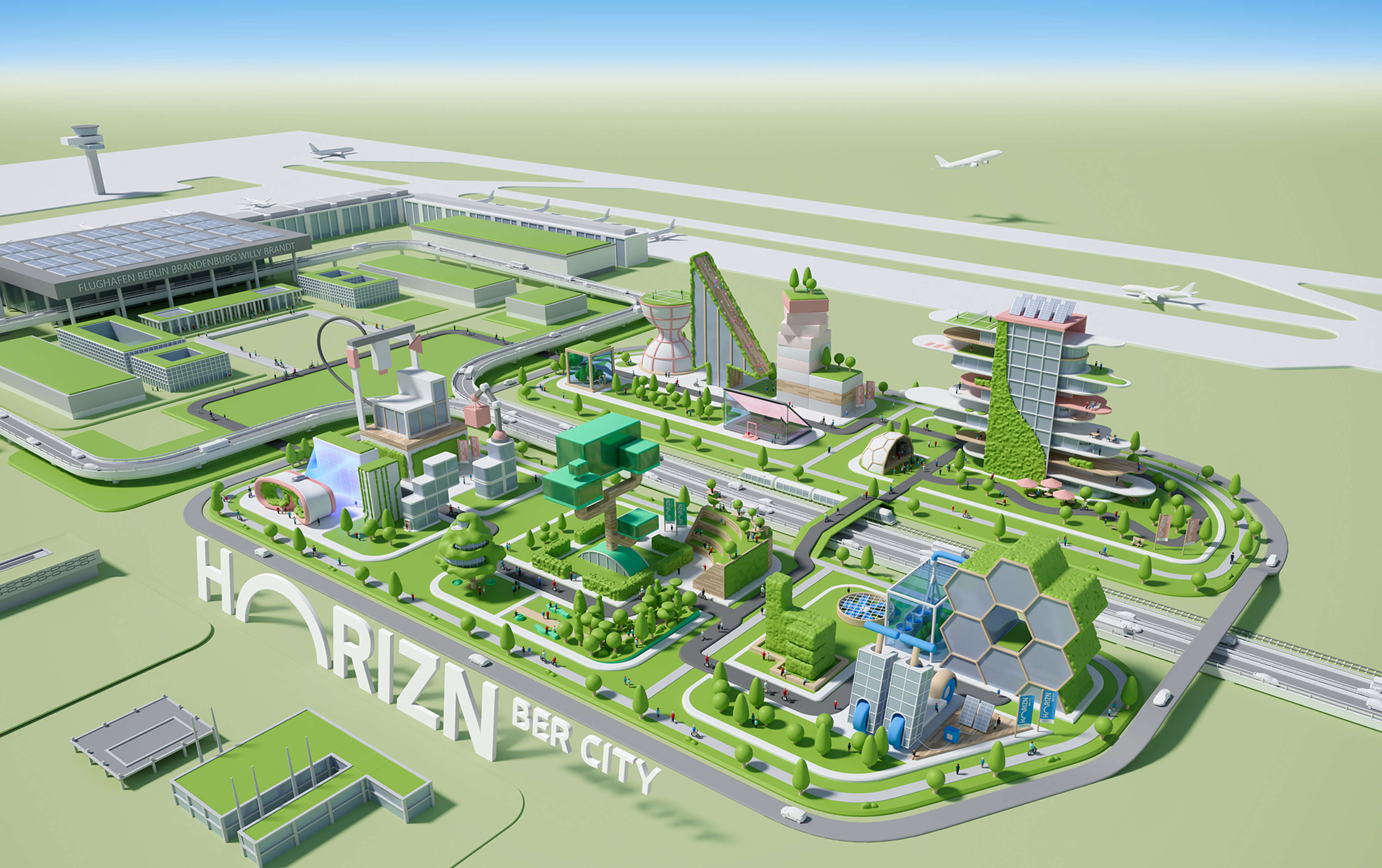 Illustration des Quartiers HORIZN BER CITY direkt vor dem Terminal 1 des Flughafen BER mit innovativen Gebäudeideen in grüner Umgebung und in freundlicher Farbgebung  © FOREAL® GbR / Flughafen Berlin Brandenburg GmbH 