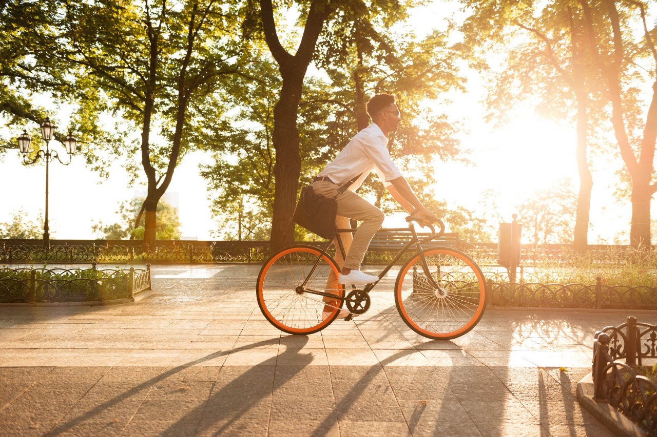 Junger Mann fährt auf einem Rennrad mit orangefarbenen Felgen sonnige Baumallee entlang. © Drobot Dean / stock.adobe.com