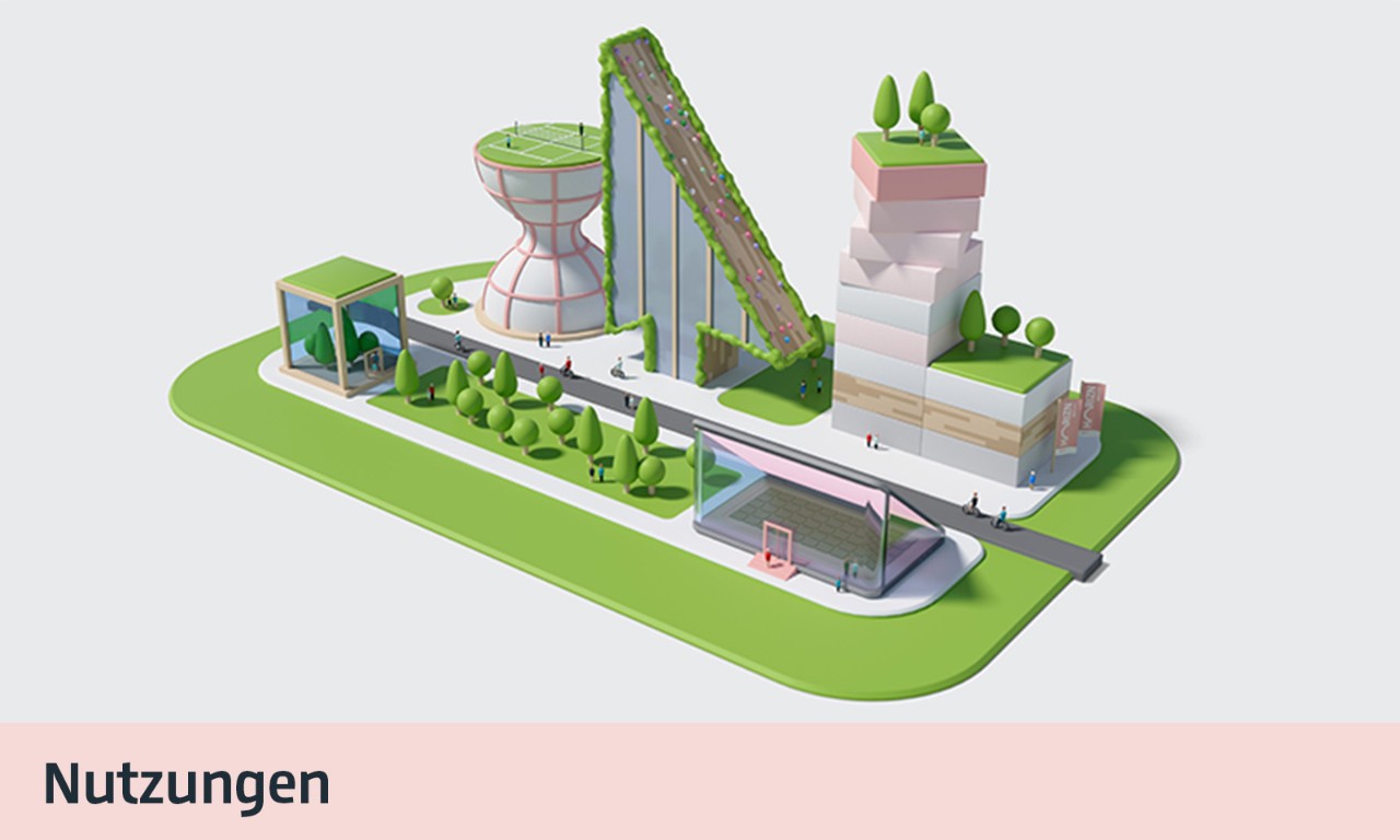 Die Illustration von Gebäuden in Form eines Laptops, einer Sanduhr, eines Cursors und eines Turms, dessen Etagen dich leicht auffächern, stellen das Leitbild „Arbeitsräume von Morgen“ dar. © FOREAL® GbR / Flughafen Berlin Brandenburg GmbH