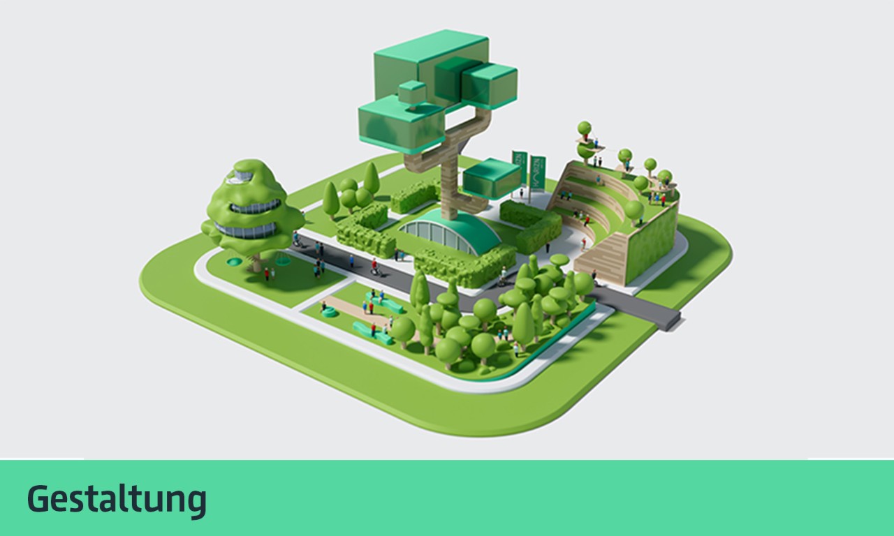 Die Illustration verschiedener Grünflächen, unterschiedlicher Baumarten und in der Mitte ein großes Gebäude in Form eines abstrakten Bonsais, stellen das Leitbild „Gesunder Stadtlandschaftsraum“ dar. © FOREAL® GbR / Flughafen Berlin Brandenburg GmbH