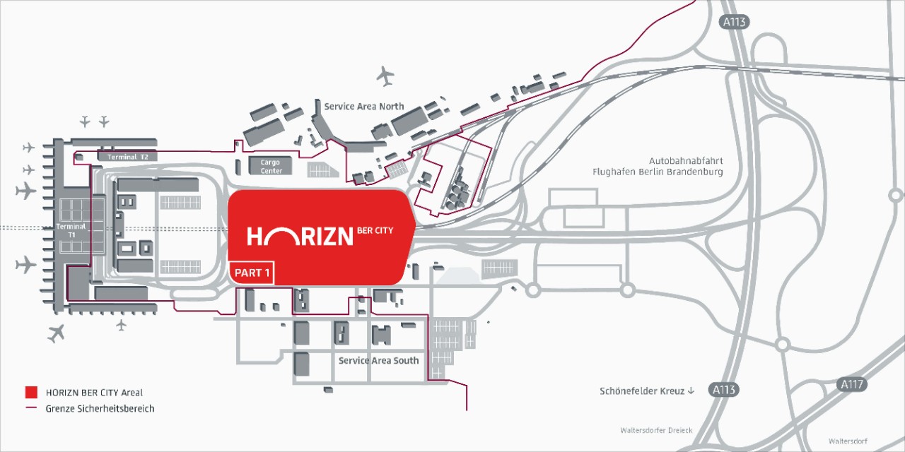 BER Lageplan mit den Terminals 1 und 2. Darauf eingezeichnet das QUartier HORIZN BER CITY