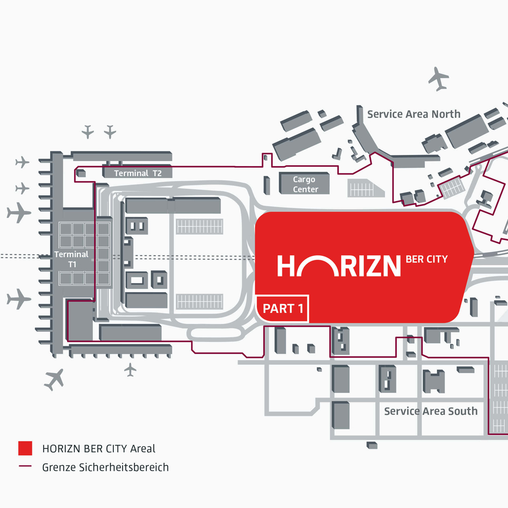 BER Lageplan mit den Terminals 1 und 2. Darauf eingezeichnet das QUartier HORIZN BER CITY