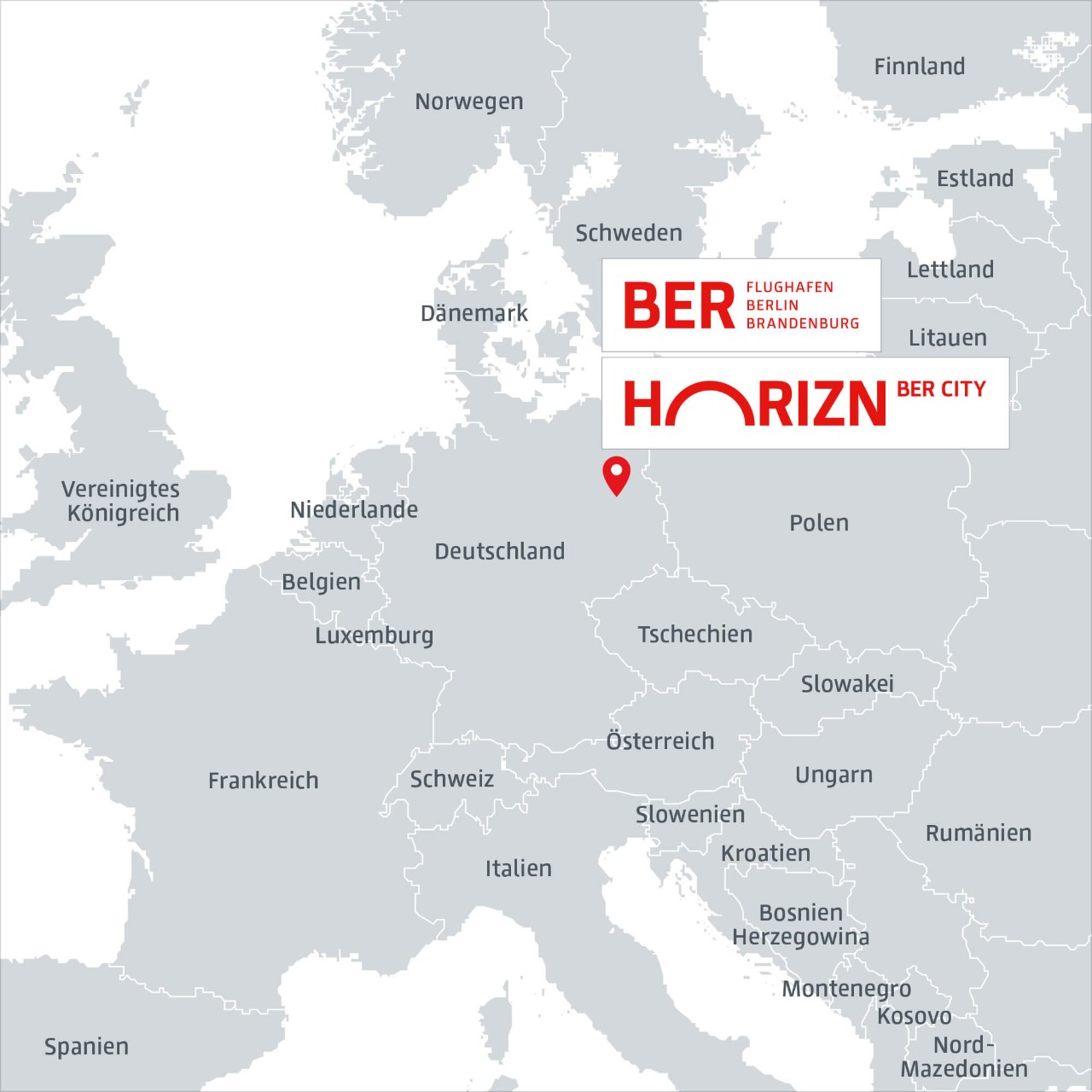 Europa-Karte mit eingezeichnetem BER und HORIZN-Quartier © Flughafen Berlin Brandenburg GmbH